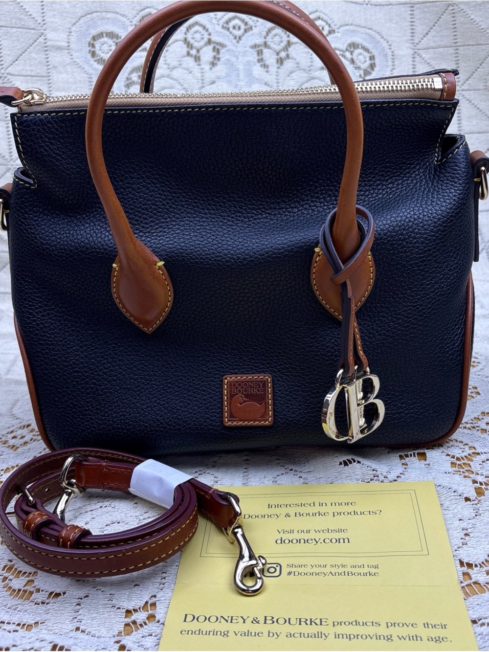 Dooney & Bourke Black Pebbled Grain Satchel Brown Trim Detachable Strap